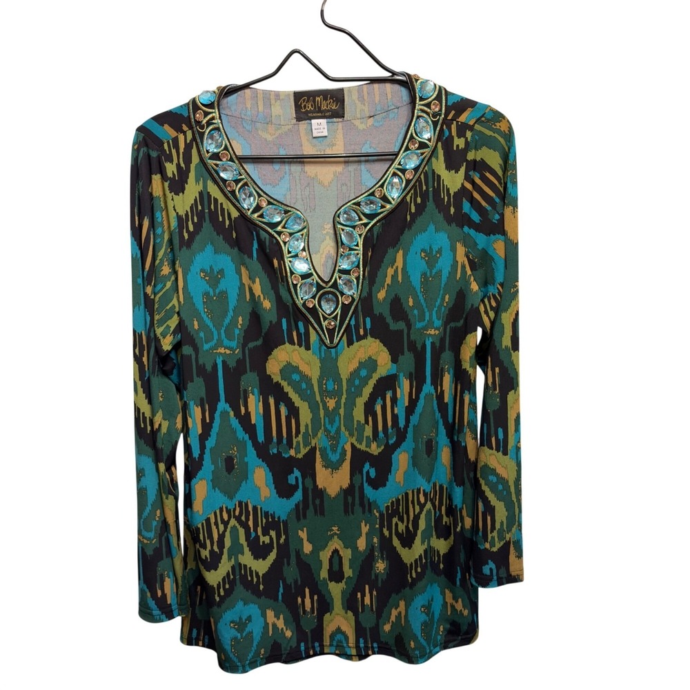 Bob Mackie Wearable Art Beaded V-Neck Long Sleeve Tunic Top Green Blue Medium